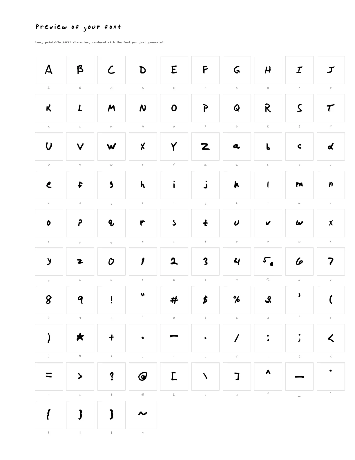HandScript's preview sheet: every character you wrote, rendered with the newly generated font on the same 10×10 grid as the template