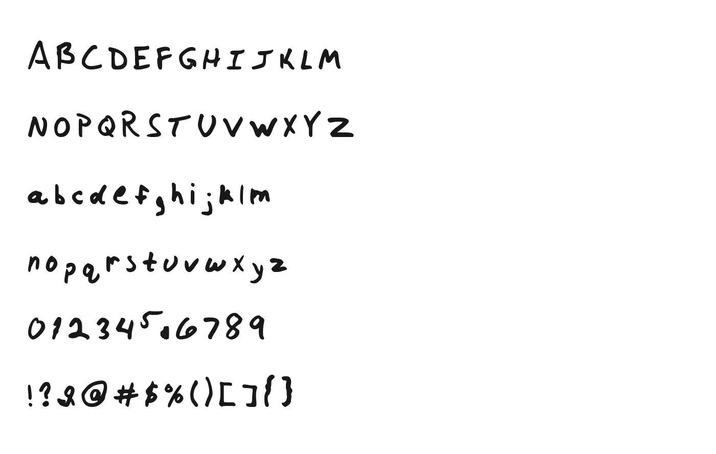 Upper-case letters, lower-case letters, digits and punctuation typed in the generated handwriting font