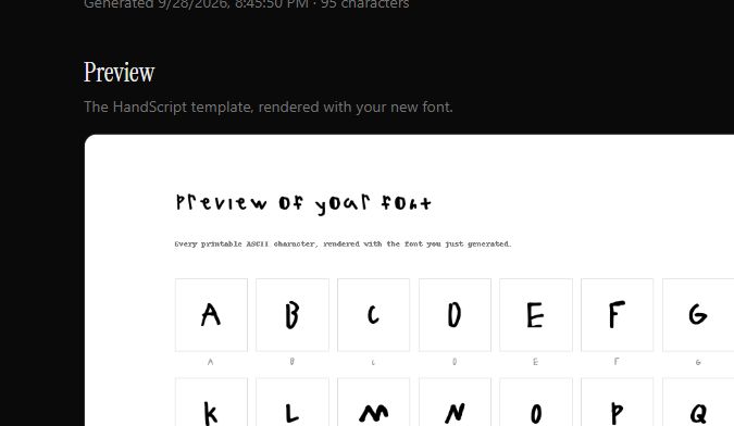 Cropped real HandScript app preview panel showing the top rows of a generated character sheet from our own test font